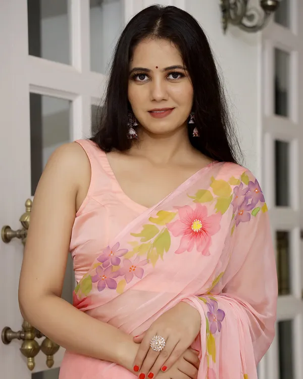 Peach__Floral_H_Painted_Chiffon_Saree_For_Women